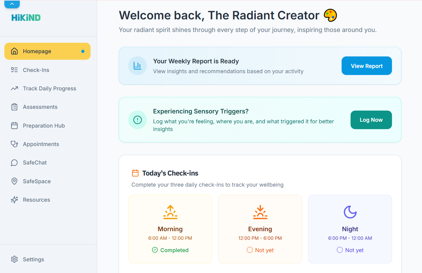 HiKind dashboard showing daily check-ins, sensory triggers, and wellbeing tracking