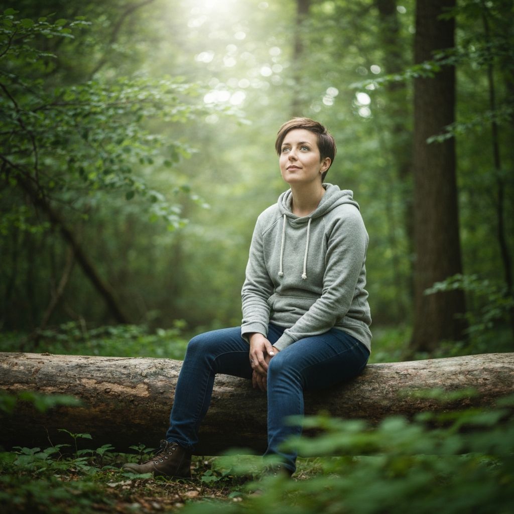 Person looking contemplative in peaceful outdoor setting
